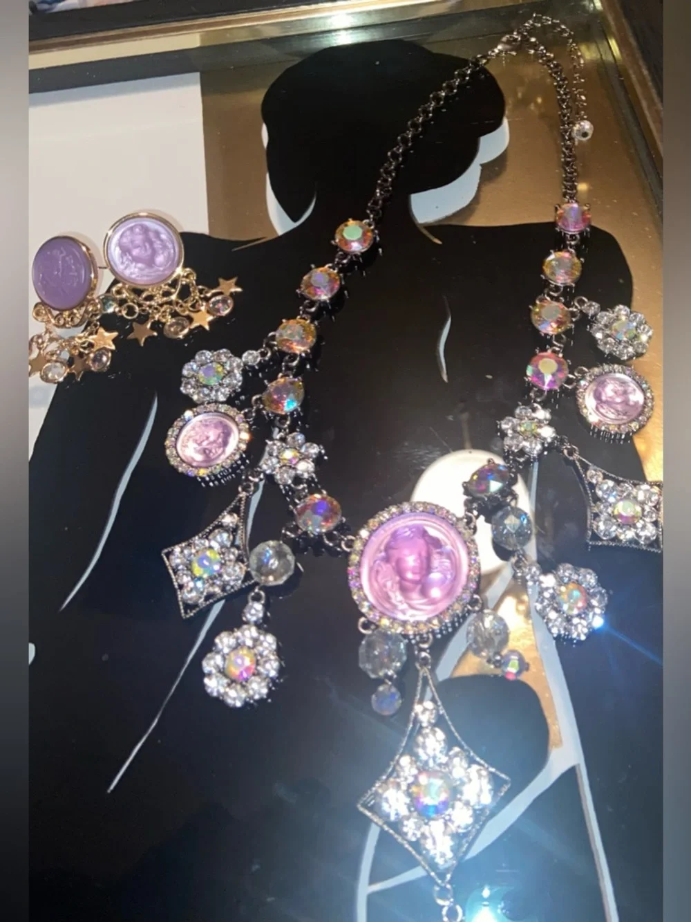 Kirks Folly Aurora Crystal Statement Angel Necklace and Earring Set in Lavender